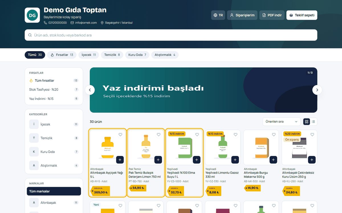 Asent Catalog alıcı katalog görünümü: kategori, marka filtreleri, kampanya bannerı ve ürün kartları
