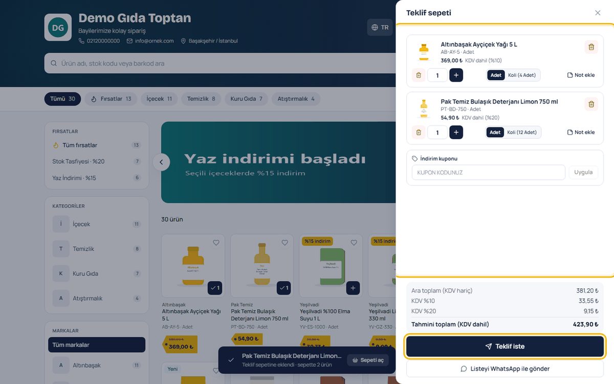 Asent Catalog teklif sepeti: adet ve koli seçimi, kupon alanı ve tahmini toplam
